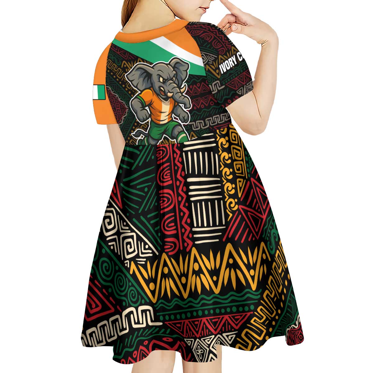 Ivory Coast Kid Short Sleeve Dress with Soccer Elephant and Tribal Pattern Design - Wonder Print Shop