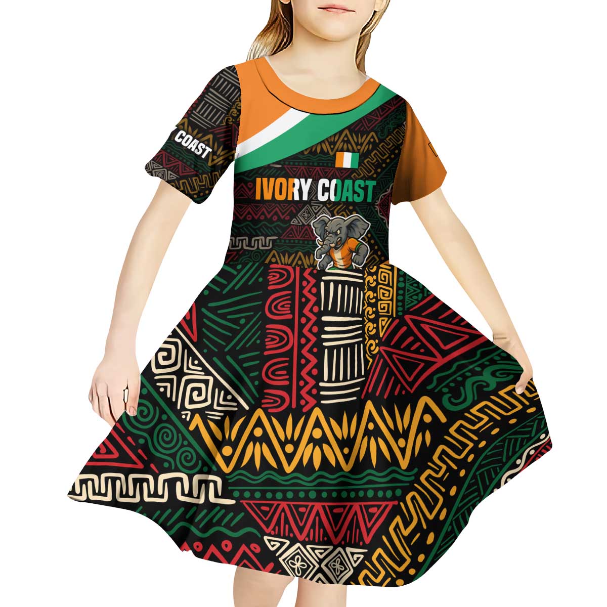 Ivory Coast Kid Short Sleeve Dress with Soccer Elephant and Tribal Pattern Design - Wonder Print Shop