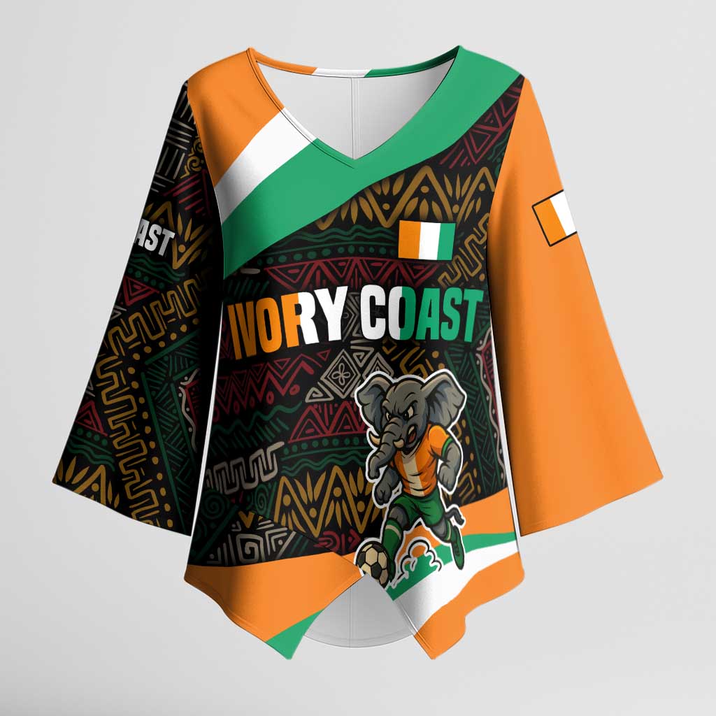 Ivory Coast Kimono Sleeve Blouse with Soccer Elephant and Tribal Pattern Design - Wonder Print Shop