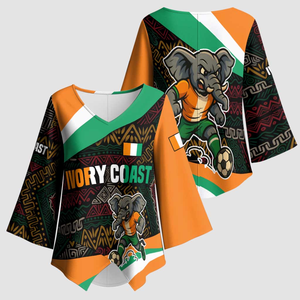 Ivory Coast Kimono Sleeve Blouse with Soccer Elephant and Tribal Pattern Design - Wonder Print Shop