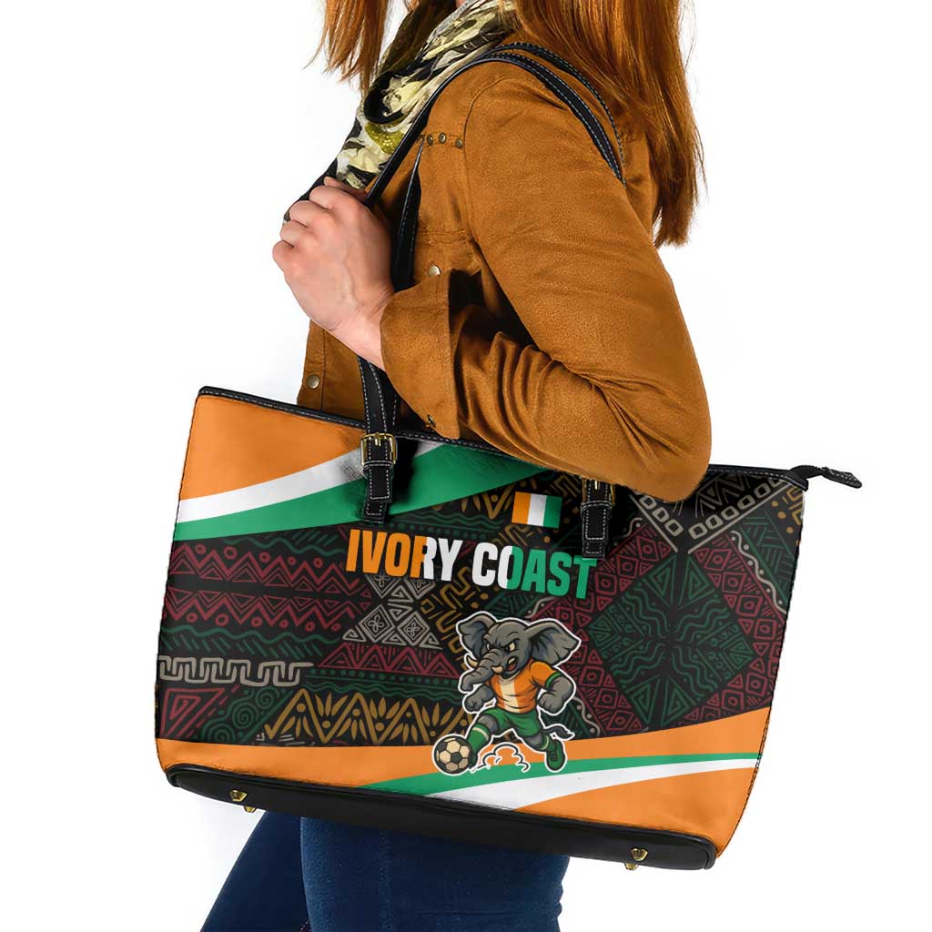 Ivory Coast Leather Tote Bag with Soccer Elephant and Tribal Pattern Design - Wonder Print Shop