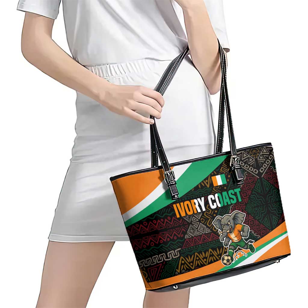 Ivory Coast Leather Tote Bag with Soccer Elephant and Tribal Pattern Design - Wonder Print Shop