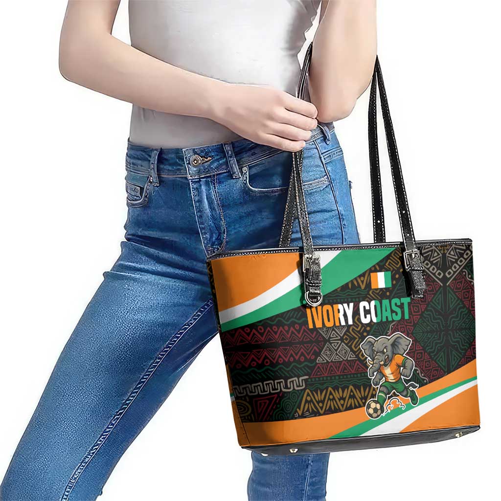 Ivory Coast Leather Tote Bag with Soccer Elephant and Tribal Pattern Design - Wonder Print Shop
