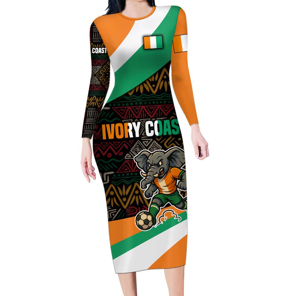 Ivory Coast Long Sleeve Bodycon Dress with Soccer Elephant and Tribal Pattern Design - Wonder Print Shop