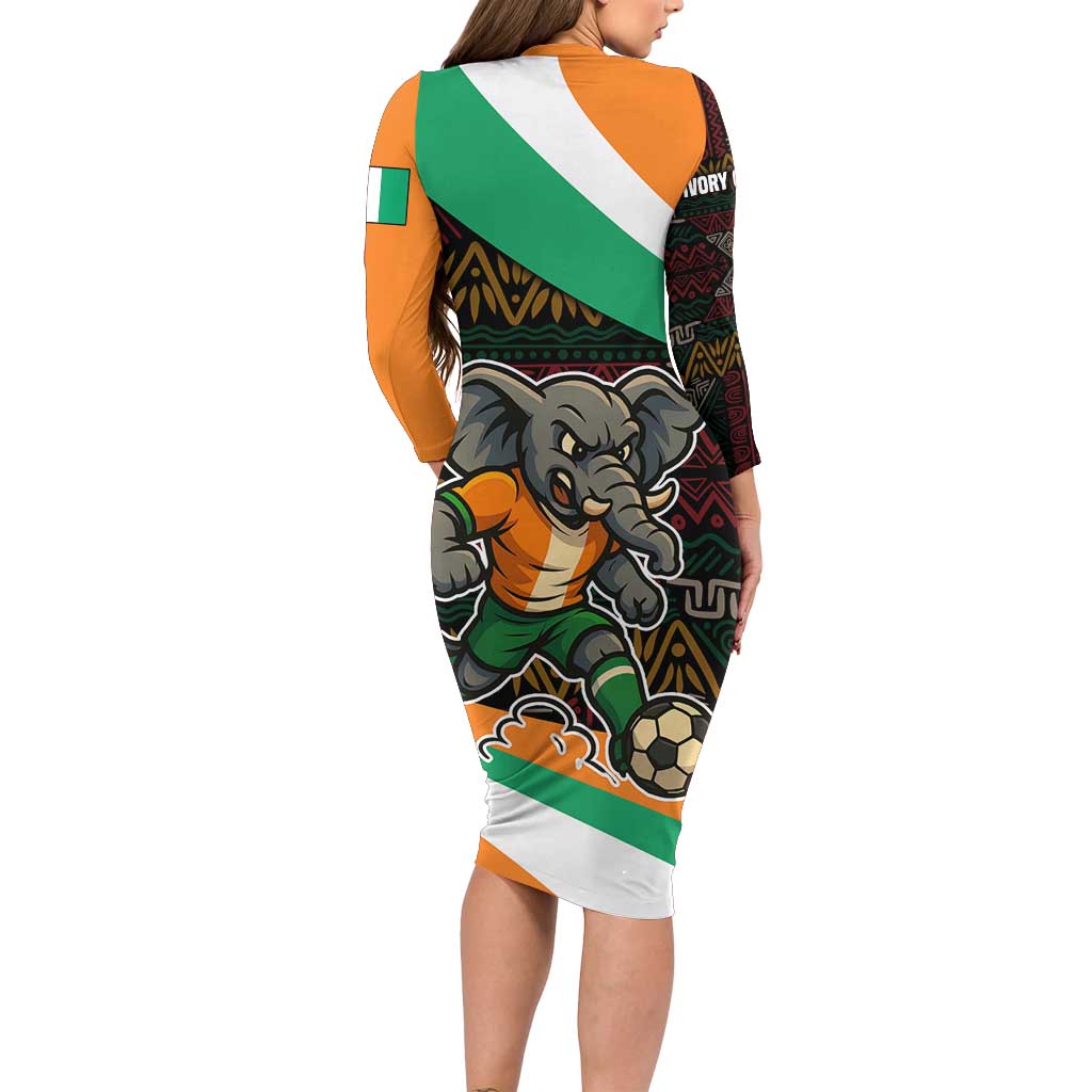 Ivory Coast Long Sleeve Bodycon Dress with Soccer Elephant and Tribal Pattern Design - Wonder Print Shop