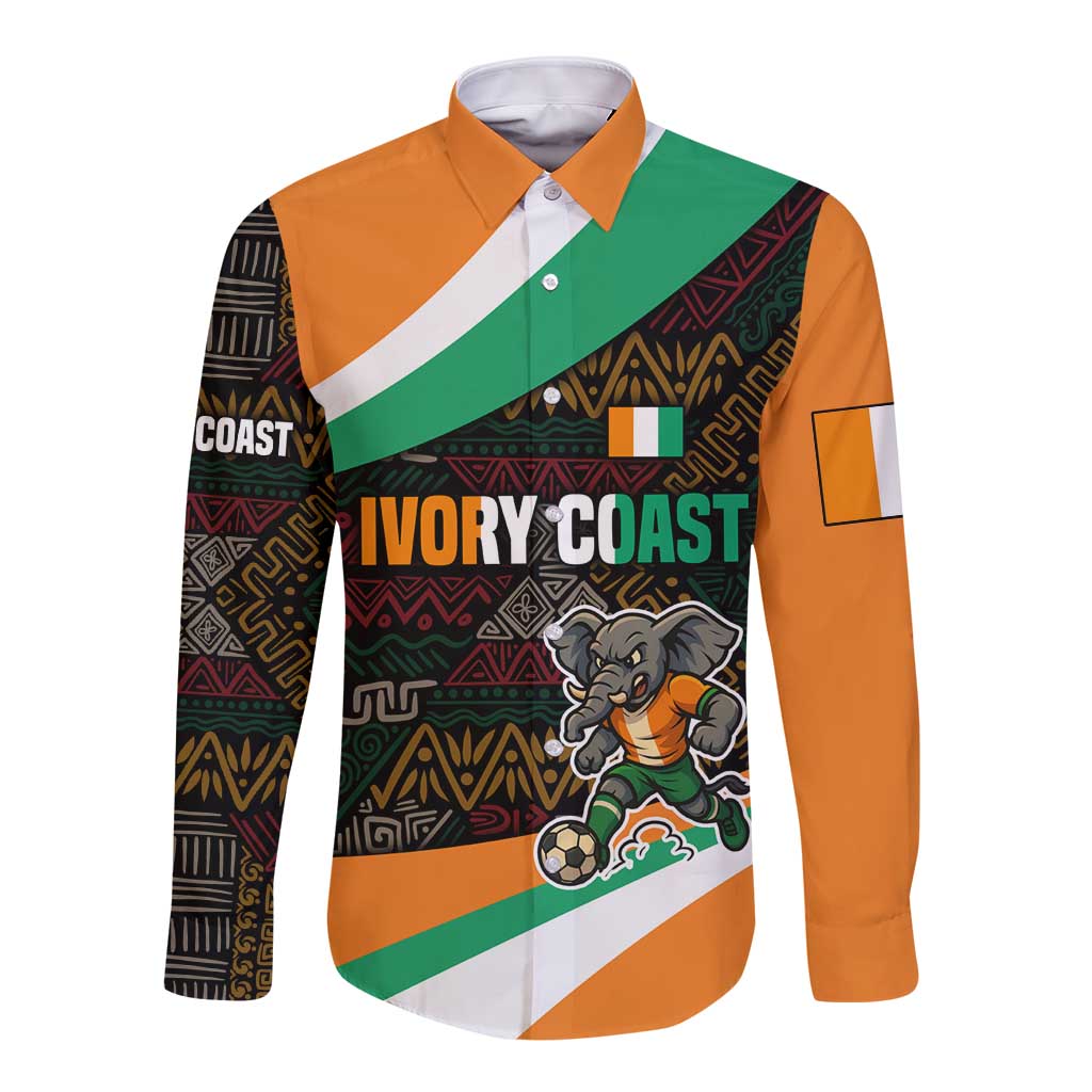 Ivory Coast Long Sleeve Button Shirt with Soccer Elephant and Tribal Pattern Design - Wonder Print Shop
