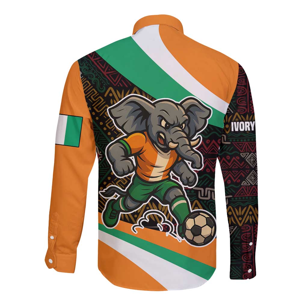Ivory Coast Long Sleeve Button Shirt with Soccer Elephant and Tribal Pattern Design - Wonder Print Shop