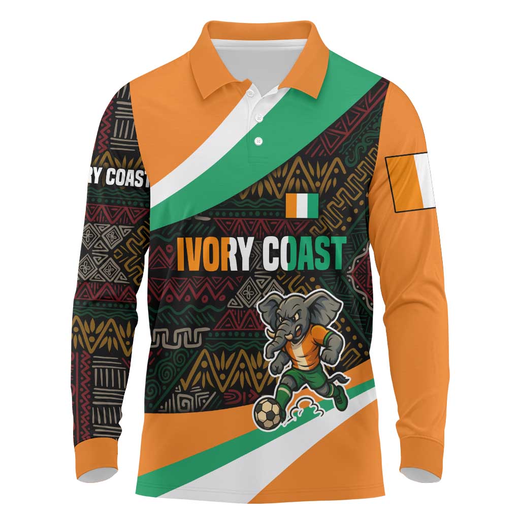 Ivory Coast Long Sleeve Polo Shirt with Soccer Elephant and Tribal Pattern Design - Wonder Print Shop