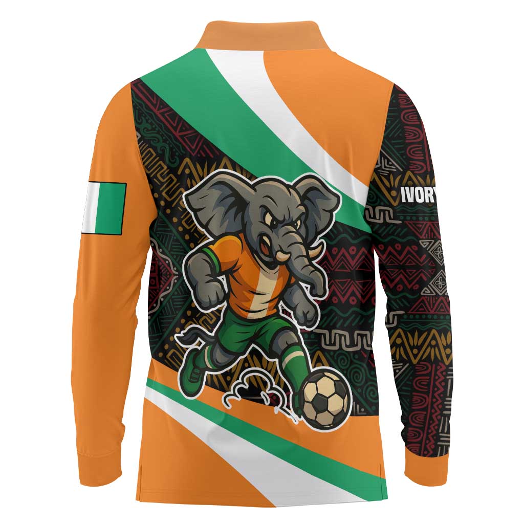 Ivory Coast Long Sleeve Polo Shirt with Soccer Elephant and Tribal Pattern Design - Wonder Print Shop