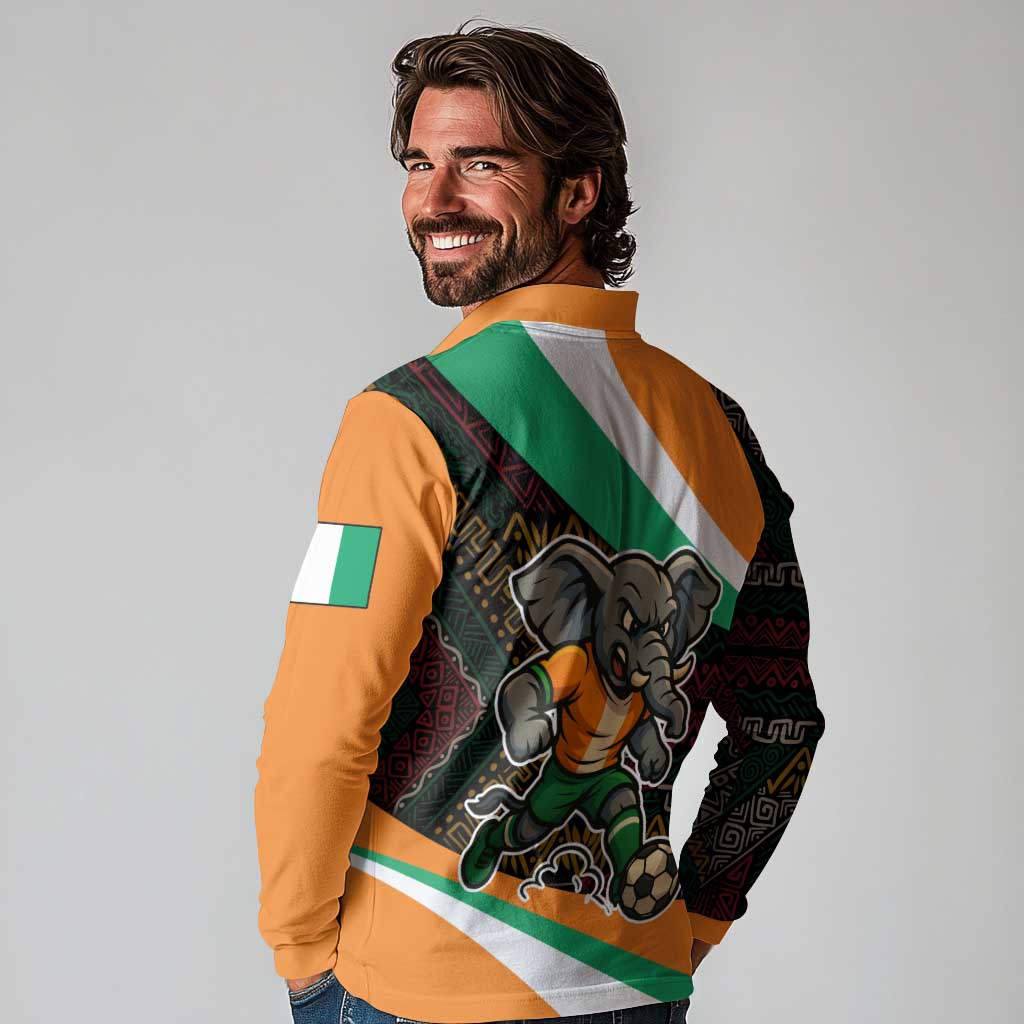 Ivory Coast Long Sleeve Polo Shirt with Soccer Elephant and Tribal Pattern Design - Wonder Print Shop