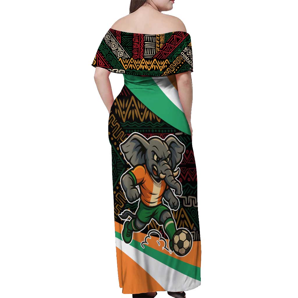 Ivory Coast Off Shoulder Maxi Dress with Soccer Elephant and Tribal Pattern Design - Wonder Print Shop