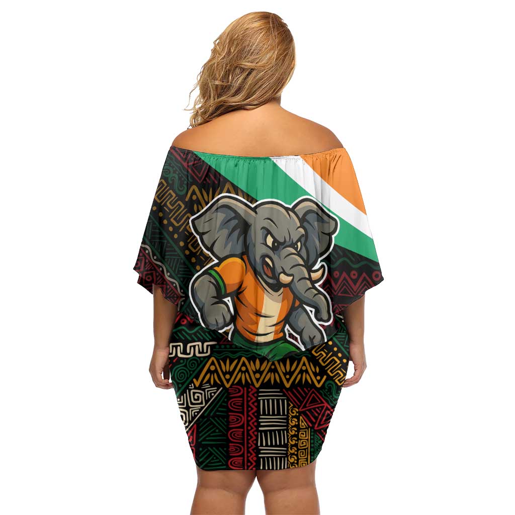 Ivory Coast Off Shoulder Short Dress with Soccer Elephant and Tribal Pattern Design - Wonder Print Shop