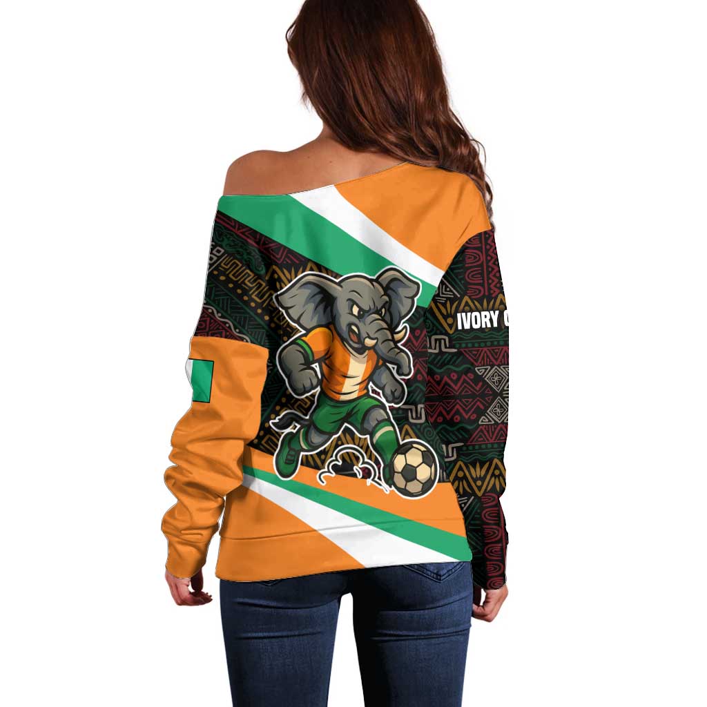 Ivory Coast Off Shoulder Sweater with Soccer Elephant and Tribal Pattern Design - Wonder Print Shop