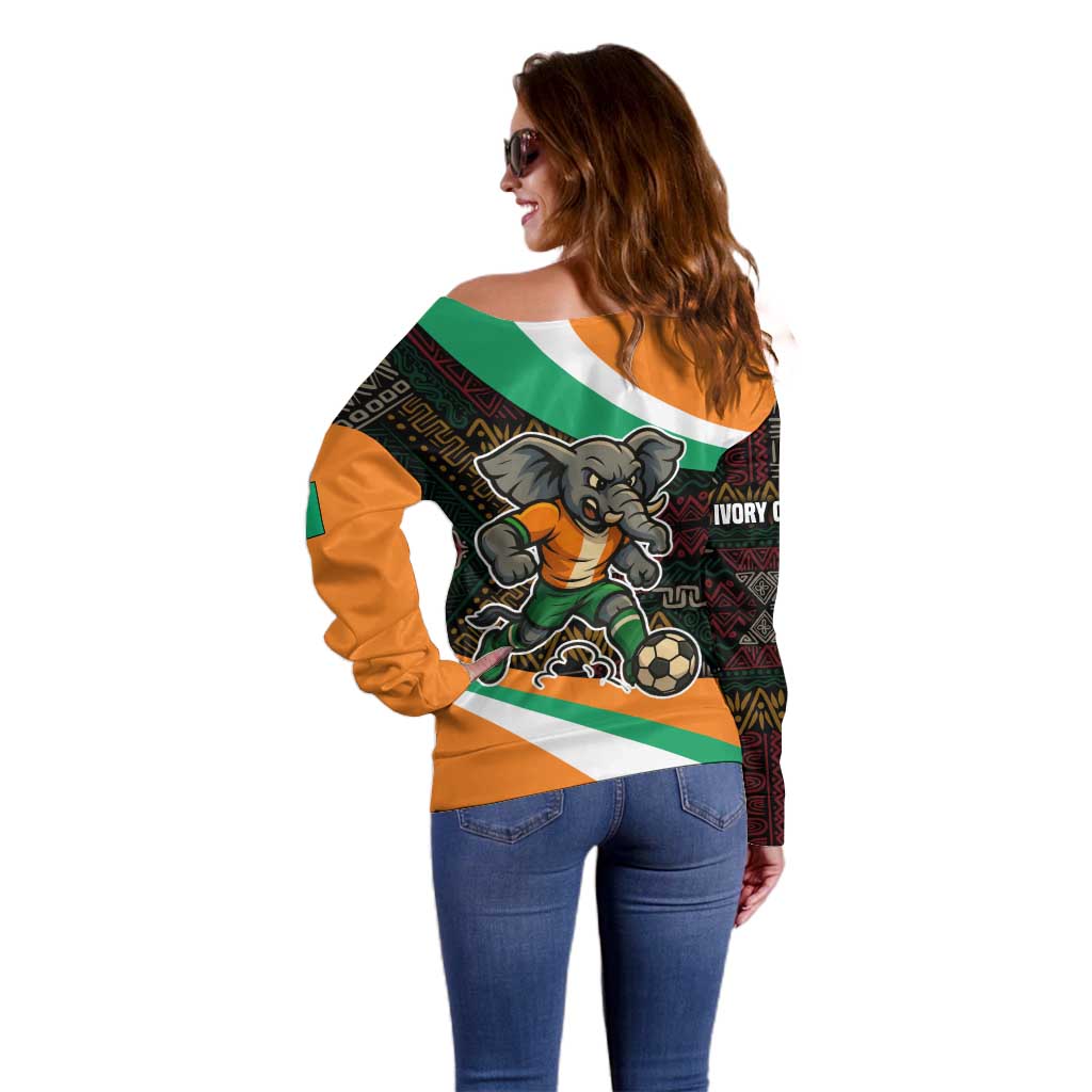 Ivory Coast Off Shoulder Sweater with Soccer Elephant and Tribal Pattern Design - Wonder Print Shop