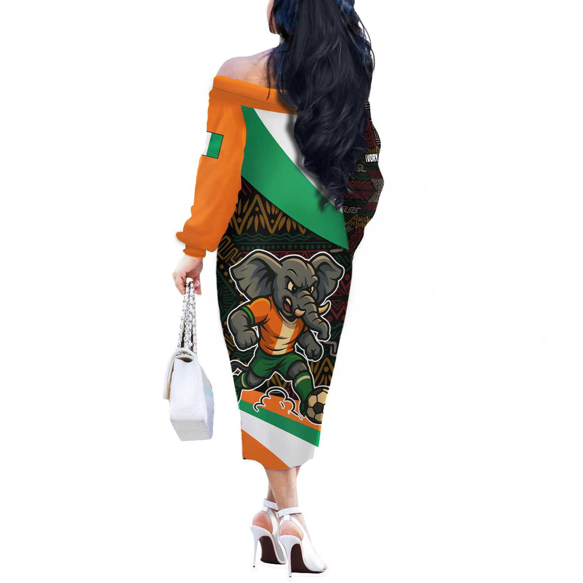 Ivory Coast Off The Shoulder Long Sleeve Dress with Soccer Elephant and Tribal Pattern Design - Wonder Print Shop