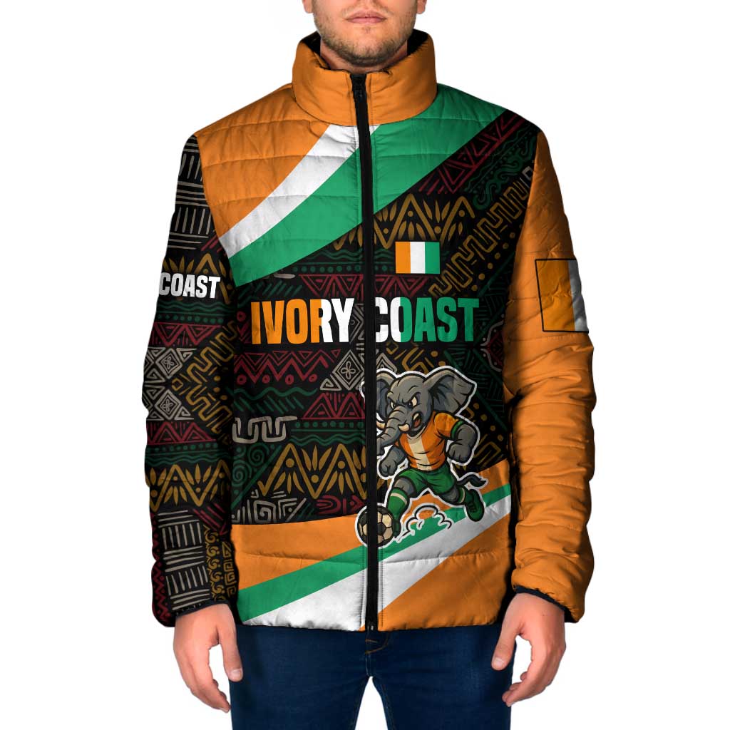 Ivory Coast Padded Jacket with Soccer Elephant and Tribal Pattern Design - Wonder Print Shop