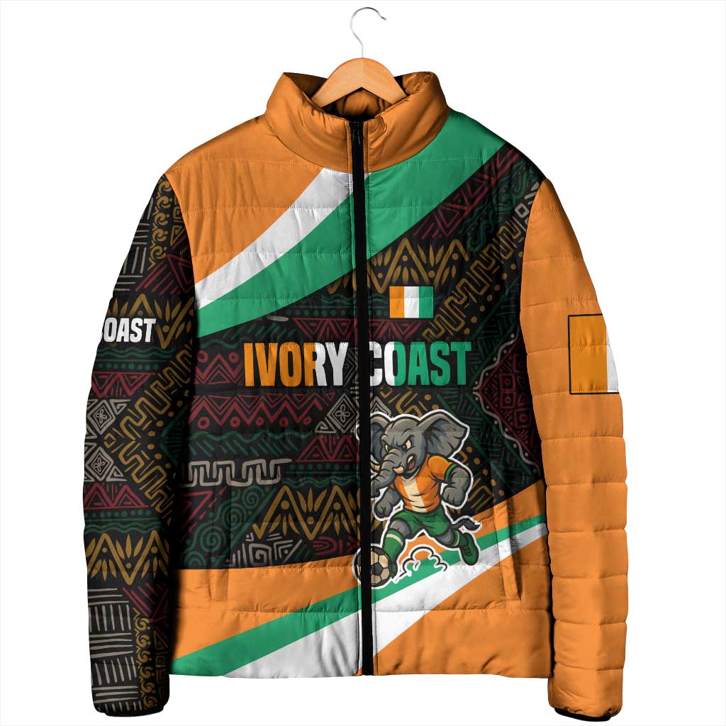 Ivory Coast Padded Jacket with Soccer Elephant and Tribal Pattern Design - Wonder Print Shop