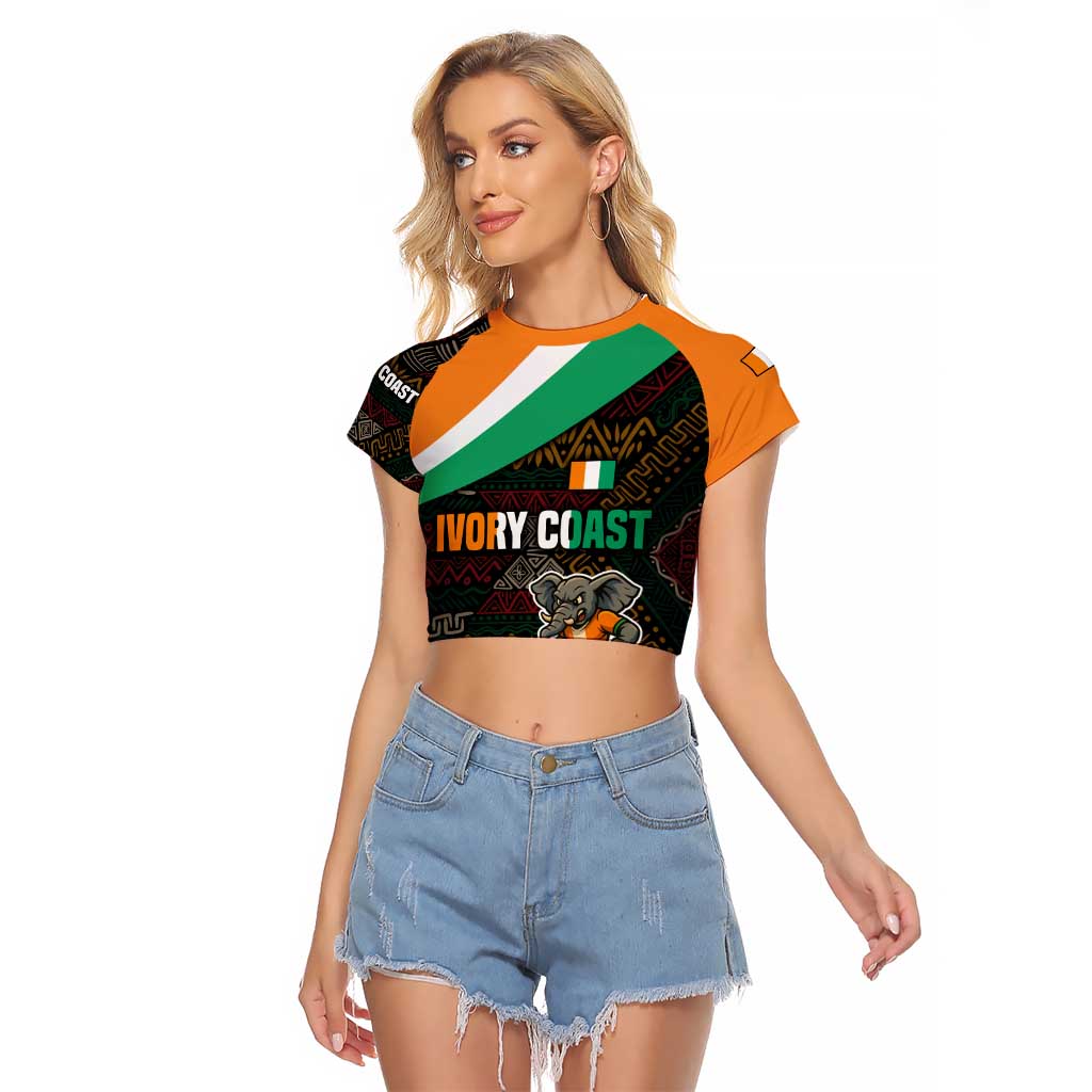 Ivory Coast Raglan Cropped T Shirt with Soccer Elephant and Tribal Pattern Design - Wonder Print Shop