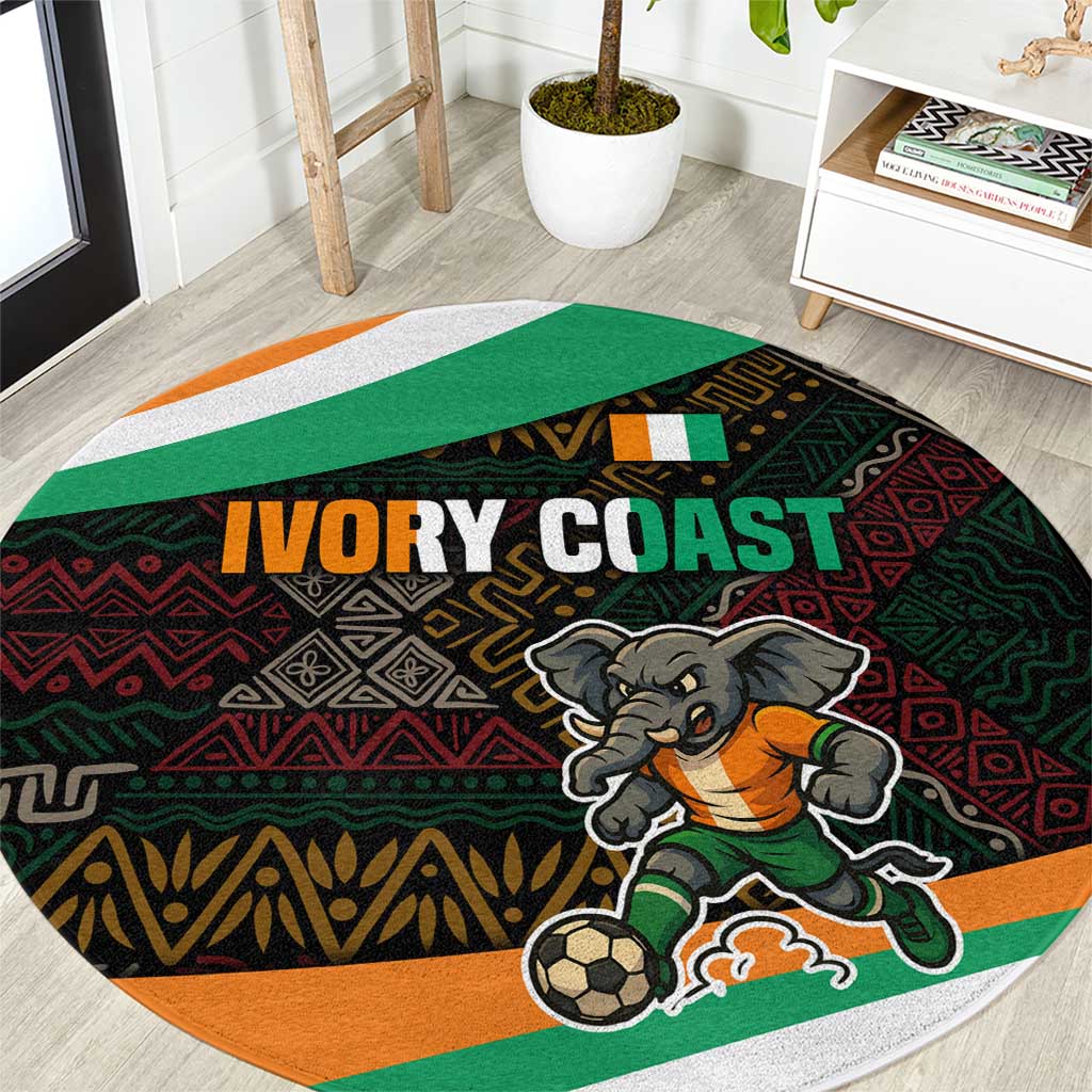 Ivory Coast Round Carpet with Soccer Elephant and Tribal Pattern Design - Wonder Print Shop