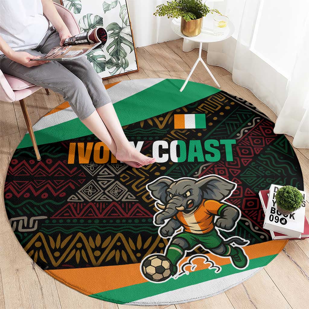 Ivory Coast Round Carpet with Soccer Elephant and Tribal Pattern Design - Wonder Print Shop