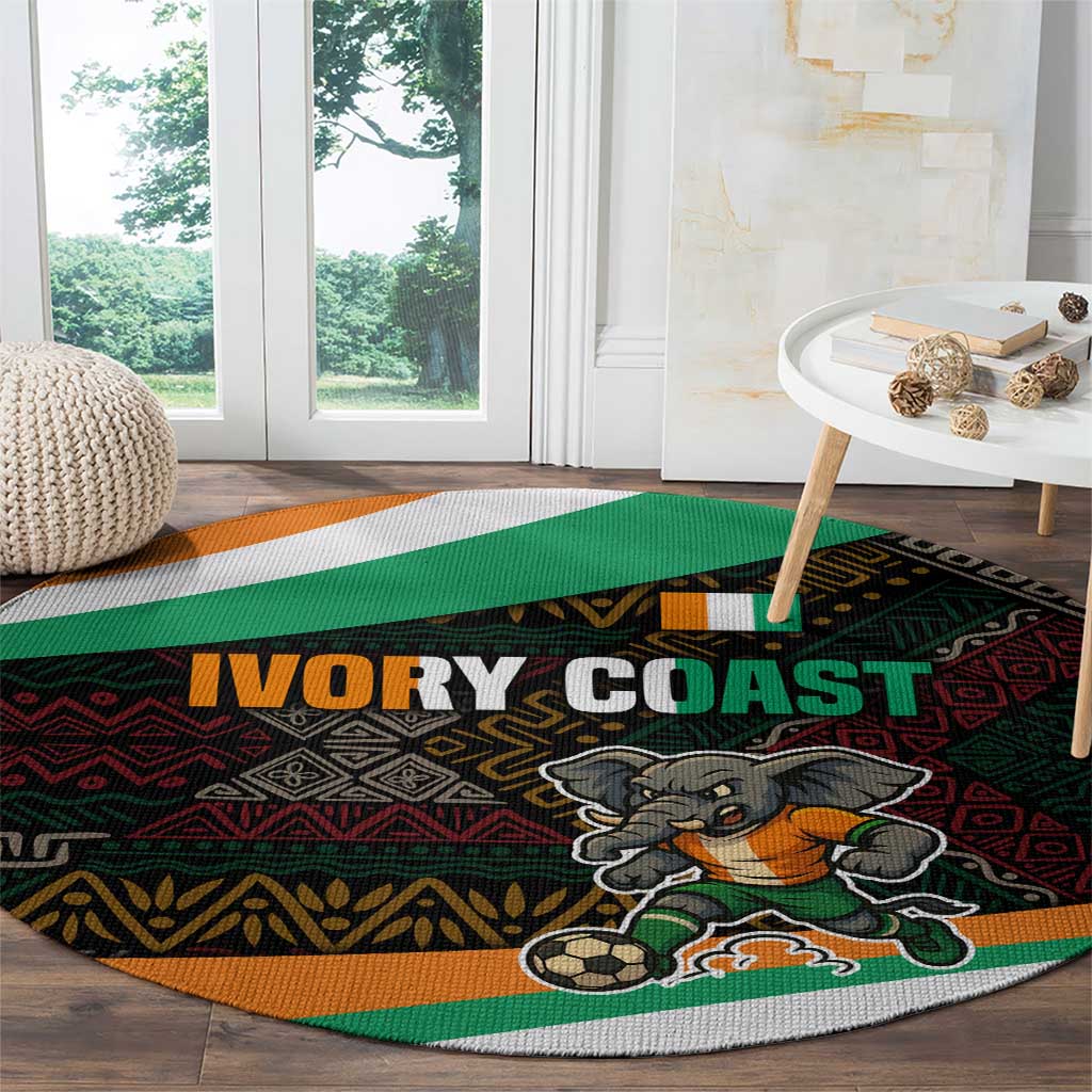 Ivory Coast Round Carpet with Soccer Elephant and Tribal Pattern Design - Wonder Print Shop