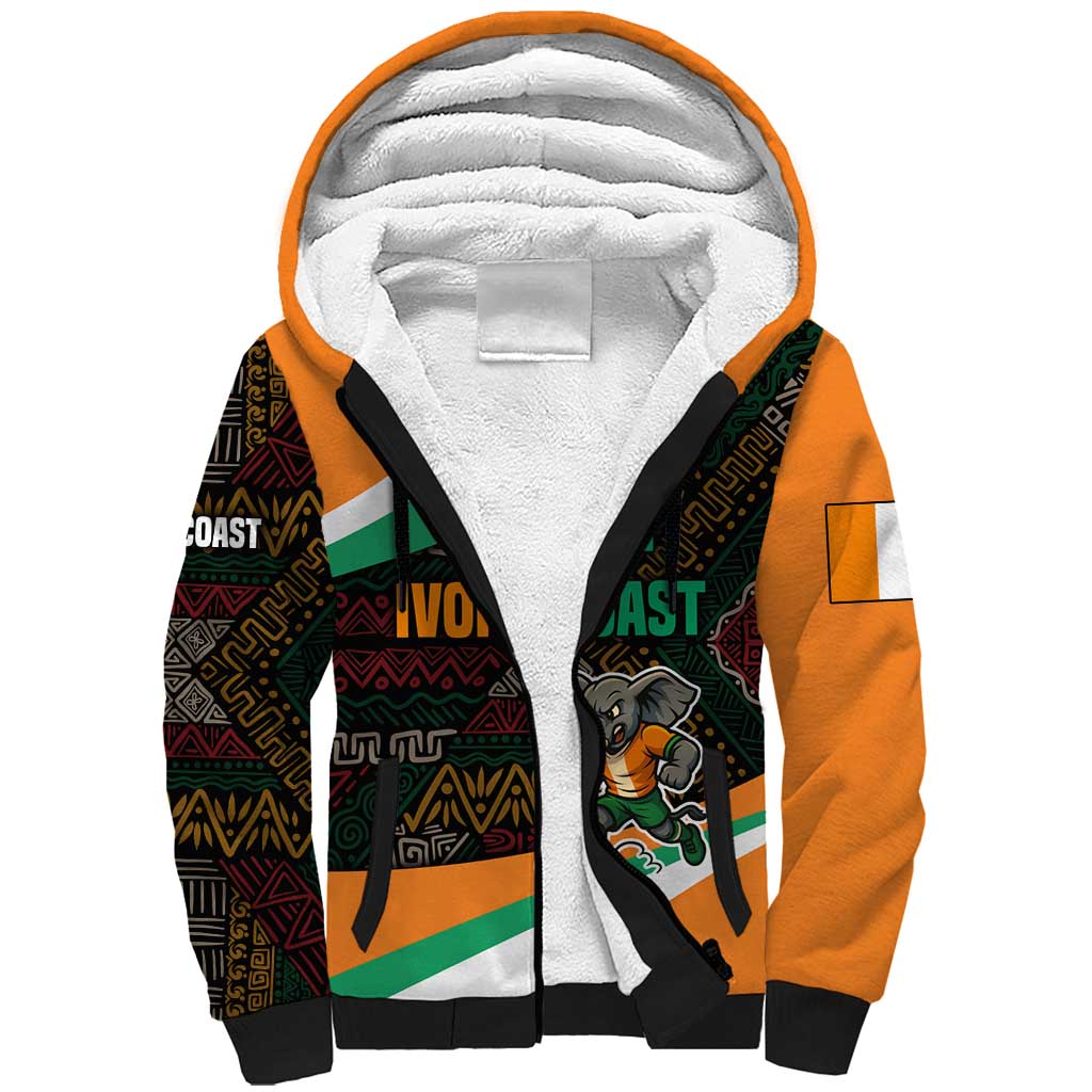 Ivory Coast Sherpa Hoodie with Soccer Elephant and Tribal Pattern Design - Wonder Print Shop