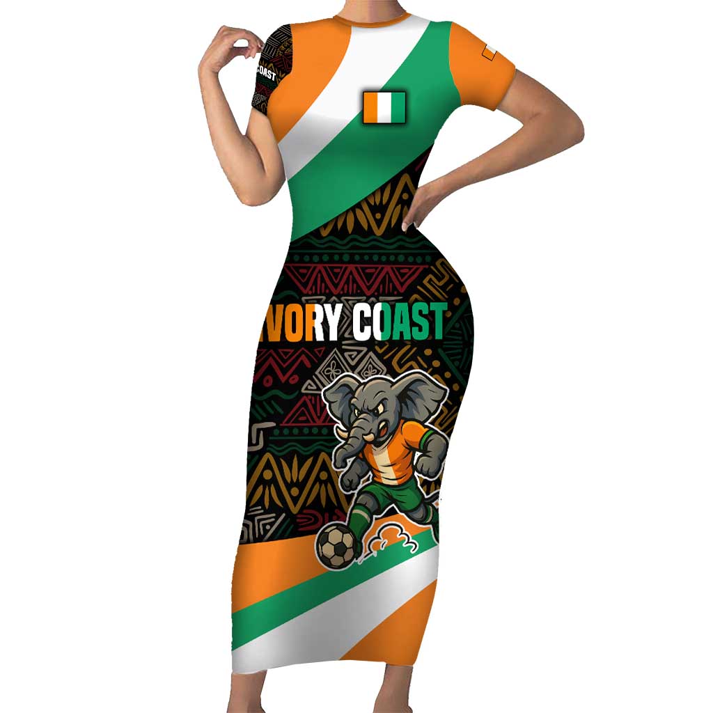Ivory Coast Short Sleeve Bodycon Dress with Soccer Elephant and Tribal Pattern Design - Wonder Print Shop