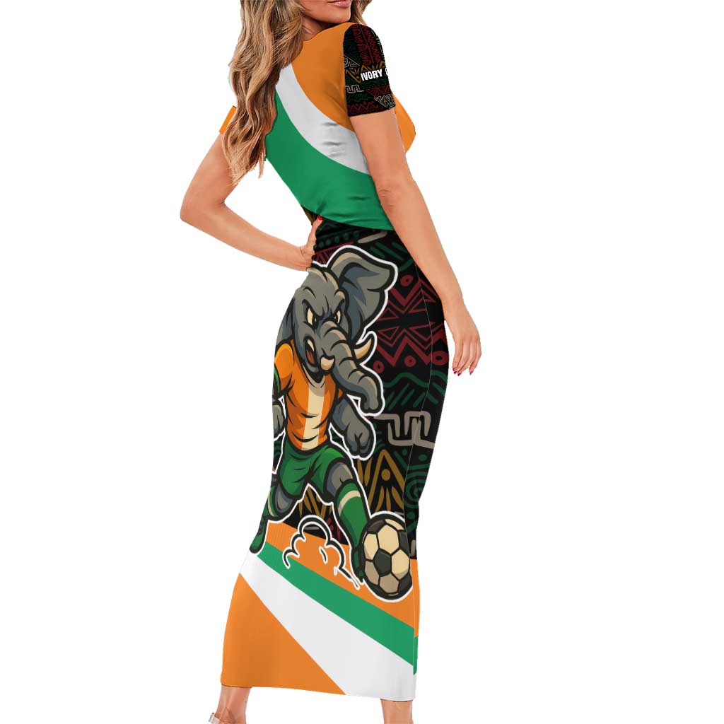 Ivory Coast Short Sleeve Bodycon Dress with Soccer Elephant and Tribal Pattern Design - Wonder Print Shop