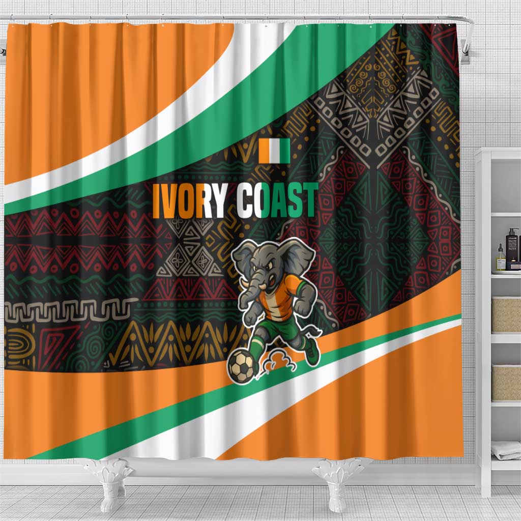 Ivory Coast Shower Curtain with Soccer Elephant and Tribal Pattern Design - Wonder Print Shop