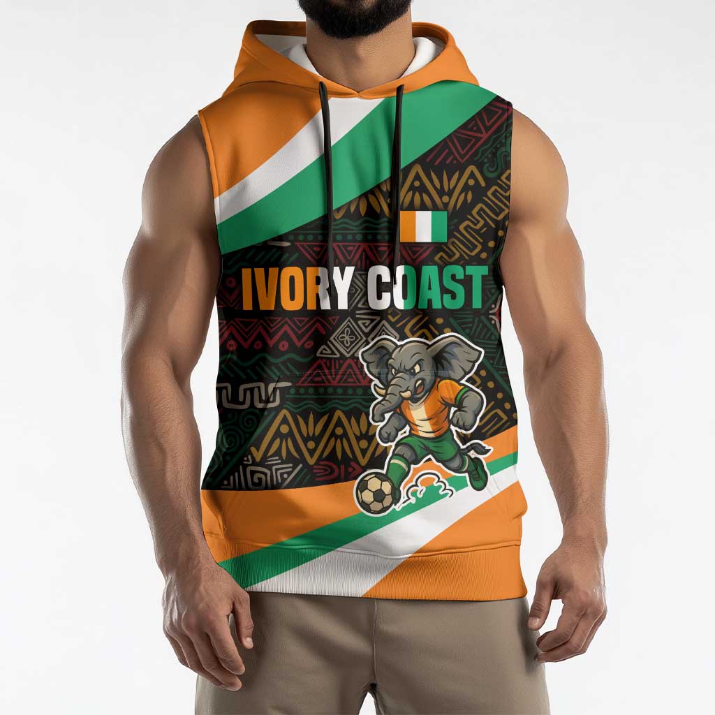 Ivory Coast Sleeveless Hoodie with Soccer Elephant and Tribal Pattern Design - Wonder Print Shop