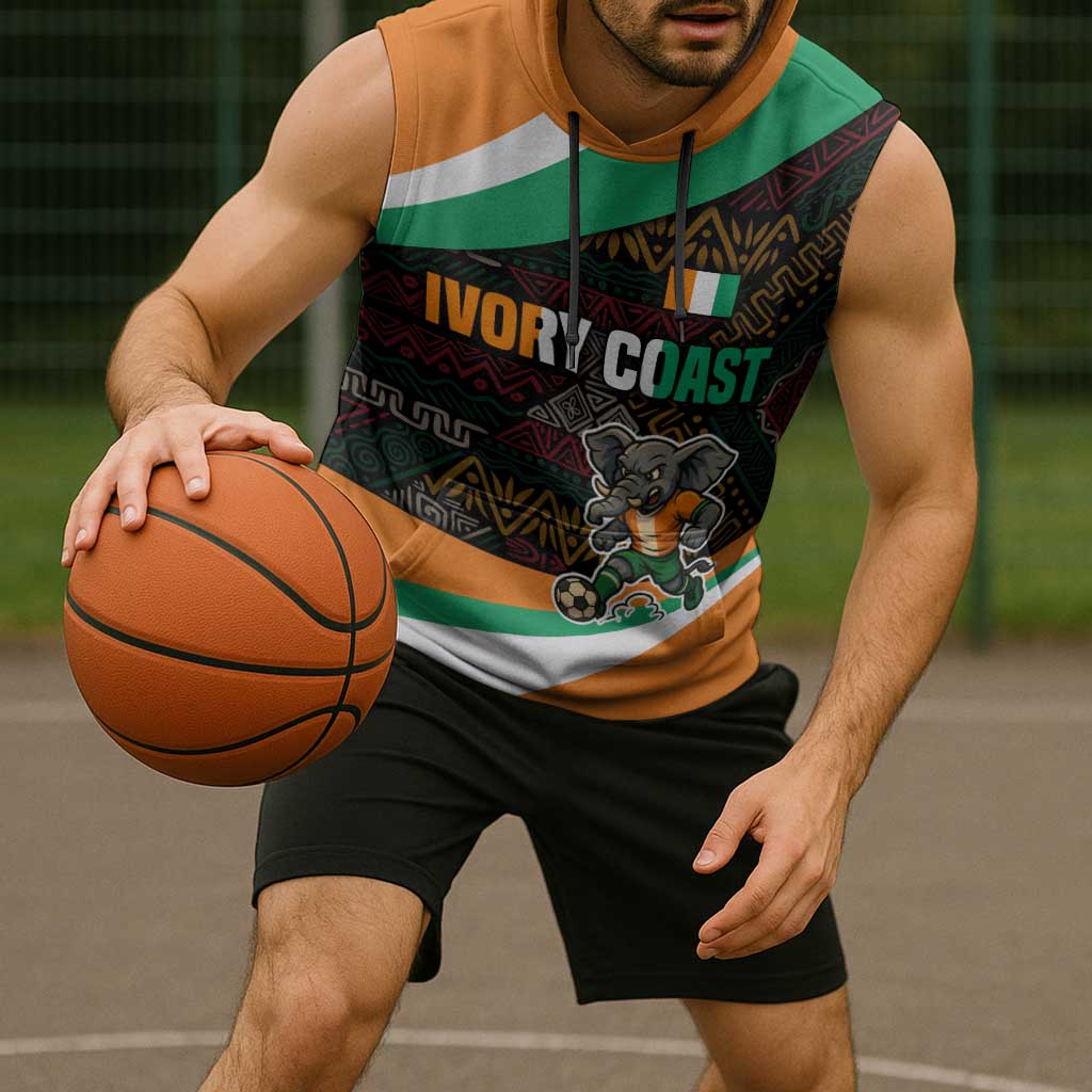 Ivory Coast Sleeveless Hoodie with Soccer Elephant and Tribal Pattern Design - Wonder Print Shop