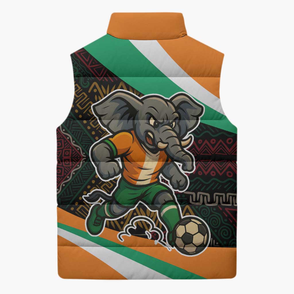 Ivory Coast Sleeveless Puffer Jacket with Soccer Elephant and Tribal Pattern Design - Wonder Print Shop