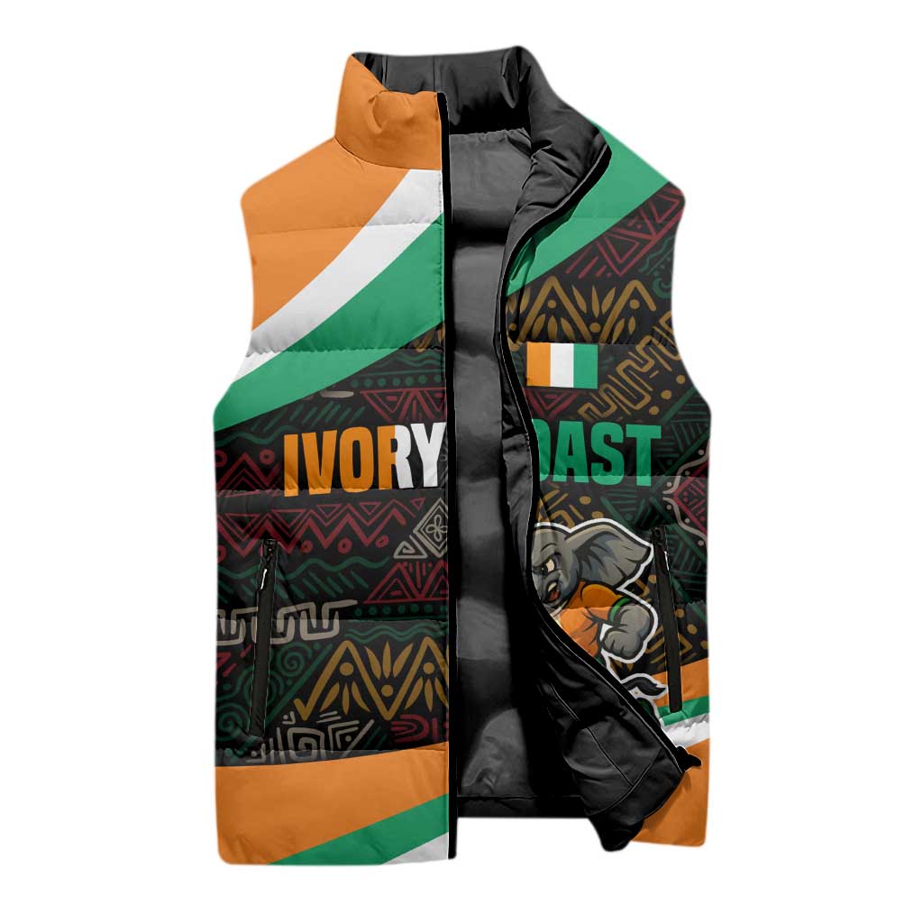 Ivory Coast Sleeveless Puffer Jacket with Soccer Elephant and Tribal Pattern Design - Wonder Print Shop