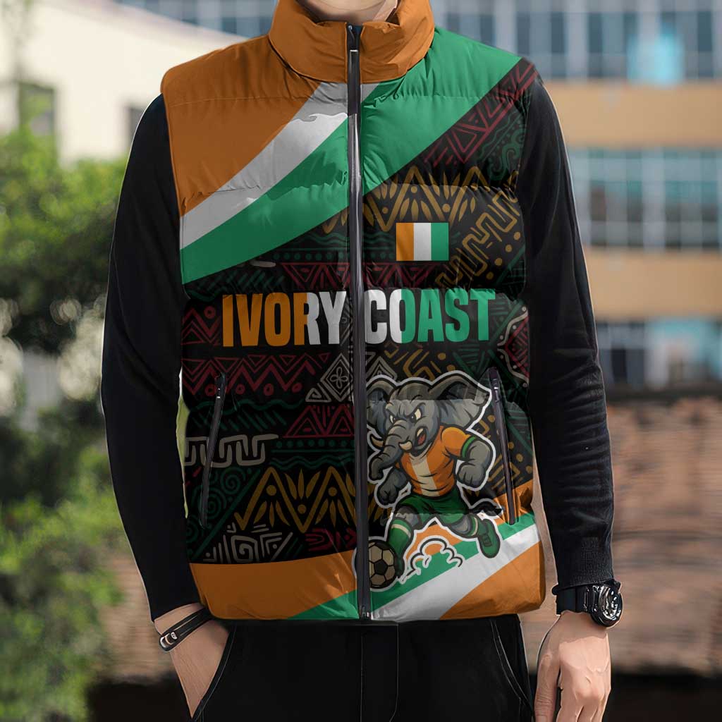 Ivory Coast Sleeveless Puffer Jacket with Soccer Elephant and Tribal Pattern Design - Wonder Print Shop