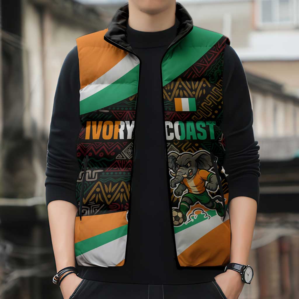 Ivory Coast Sleeveless Puffer Jacket with Soccer Elephant and Tribal Pattern Design - Wonder Print Shop