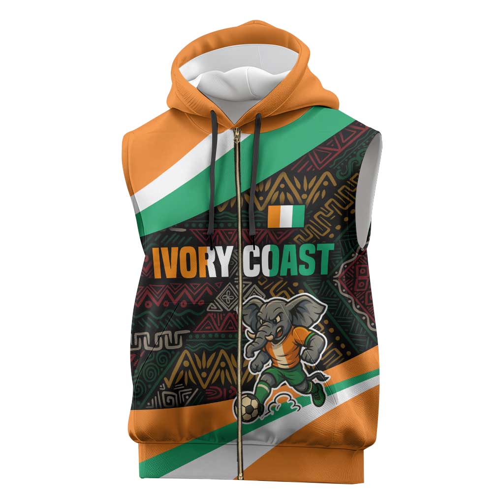 Ivory Coast Sleeveless Zip Hoodie with Soccer Elephant and Tribal Pattern Design - Wonder Print Shop