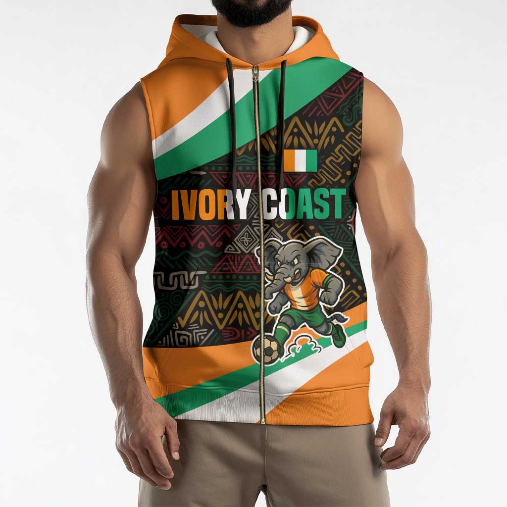 Ivory Coast Sleeveless Zip Hoodie with Soccer Elephant and Tribal Pattern Design - Wonder Print Shop