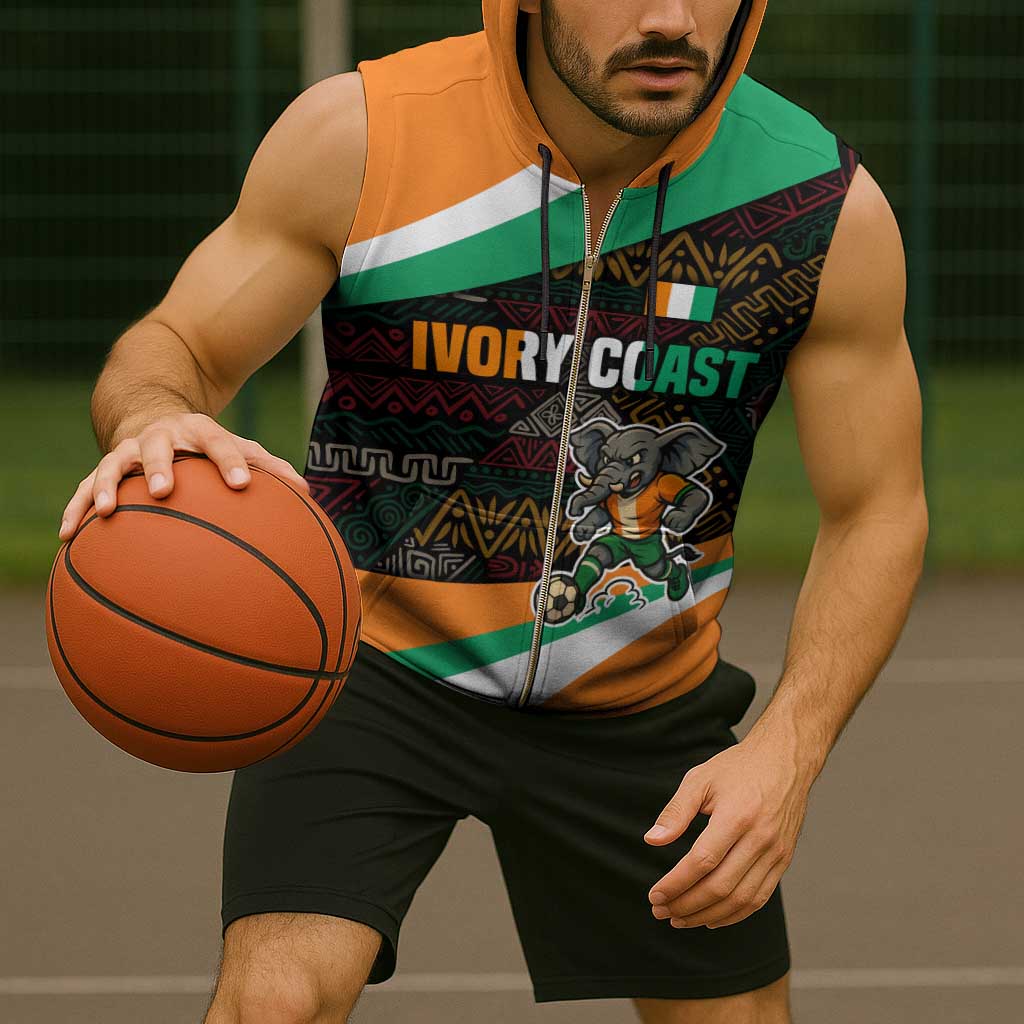 Ivory Coast Sleeveless Zip Hoodie with Soccer Elephant and Tribal Pattern Design - Wonder Print Shop