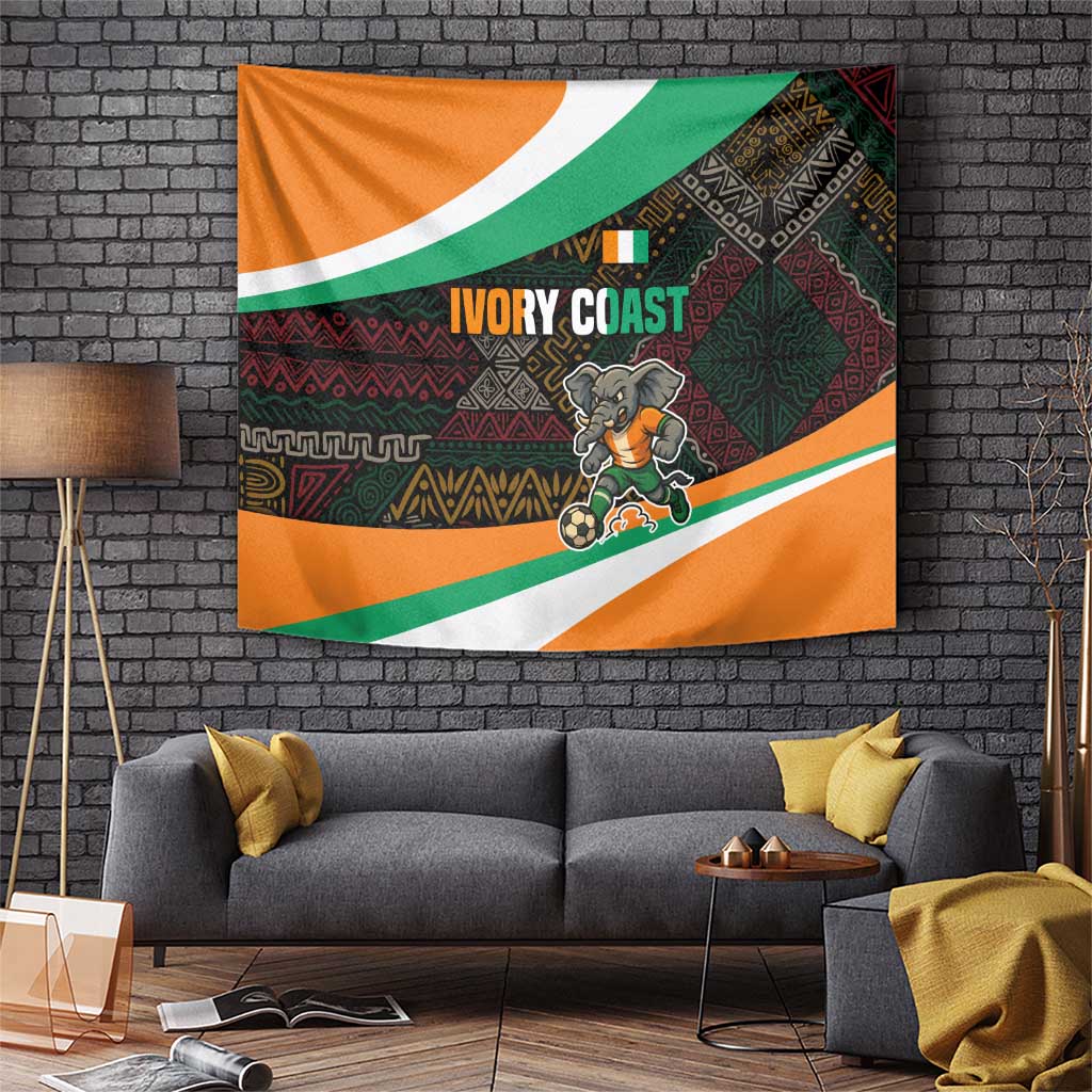 Ivory Coast Tapestry with Soccer Elephant and Tribal Pattern Design - Wonder Print Shop