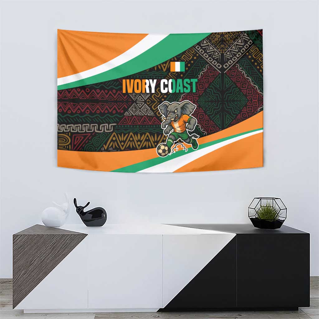 Ivory Coast Tapestry with Soccer Elephant and Tribal Pattern Design - Wonder Print Shop
