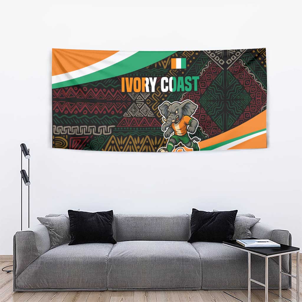 Ivory Coast Tapestry with Soccer Elephant and Tribal Pattern Design - Wonder Print Shop