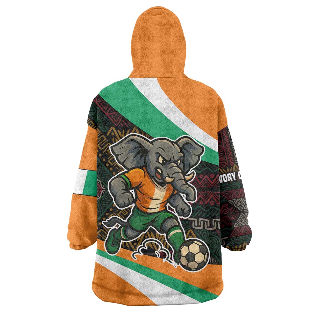 Ivory Coast Wearable Blanket Hoodie with Soccer Elephant and Tribal Pattern Design - Wonder Print Shop