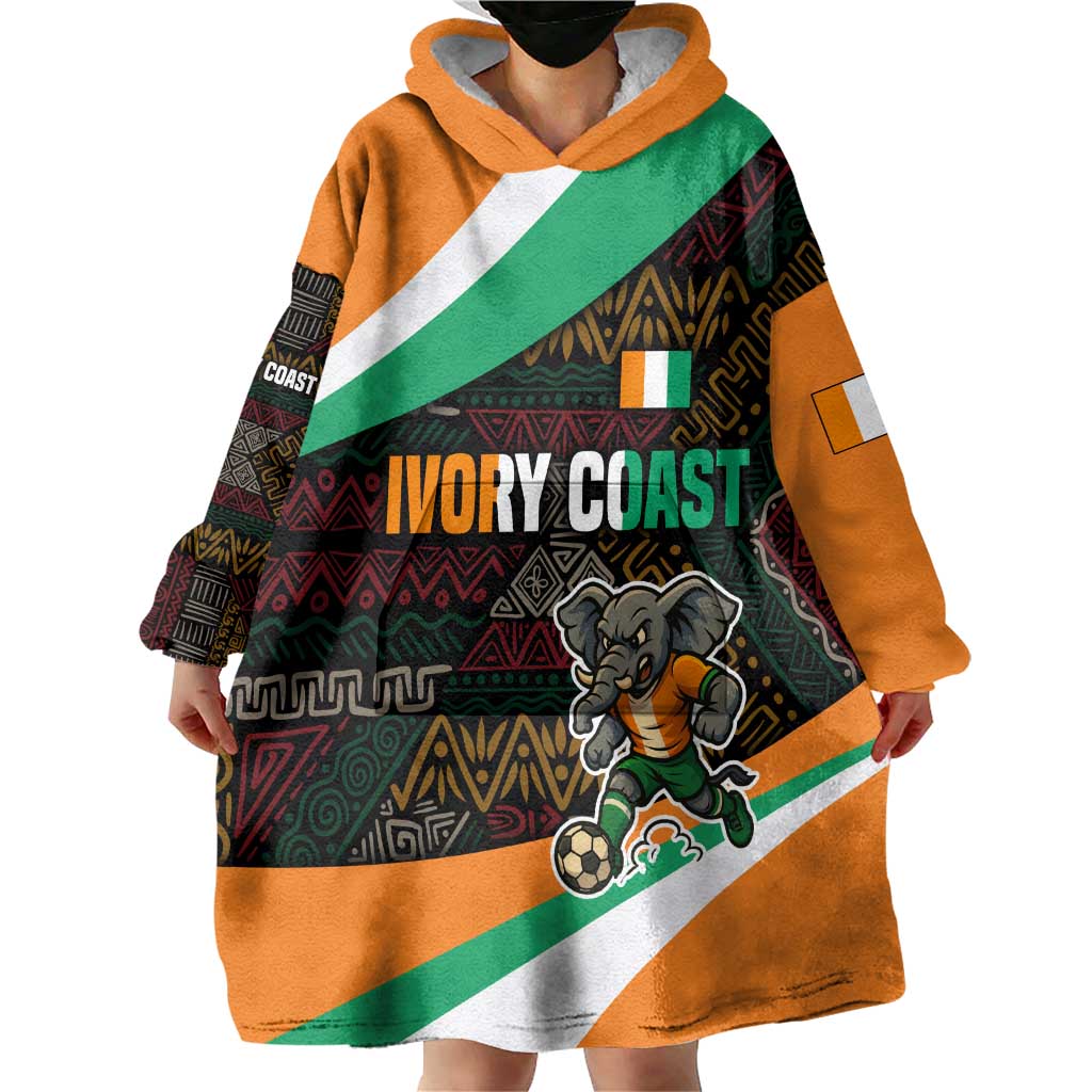 Ivory Coast Wearable Blanket Hoodie with Soccer Elephant and Tribal Pattern Design - Wonder Print Shop