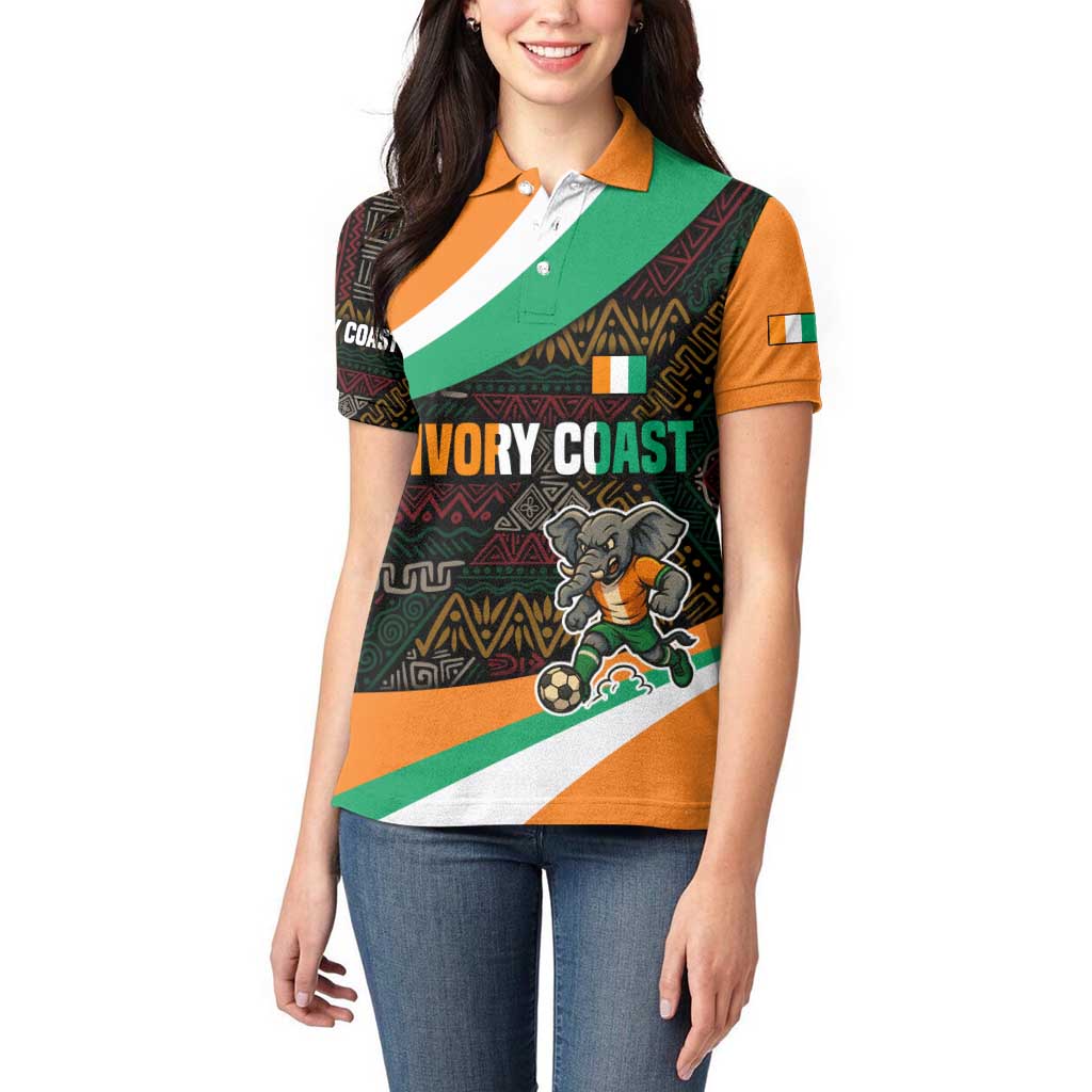 Ivory Coast Women Polo Shirt with Soccer Elephant and Tribal Pattern Design - Wonder Print Shop