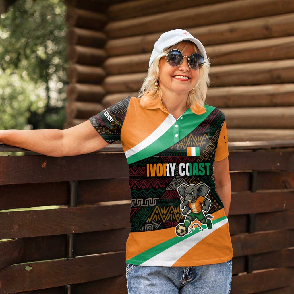 Ivory Coast Women Polo Shirt with Soccer Elephant and Tribal Pattern Design - Wonder Print Shop