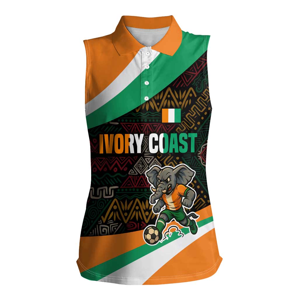 Ivory Coast Women Sleeveless Polo Shirt with Soccer Elephant and Tribal Pattern Design - Wonder Print Shop