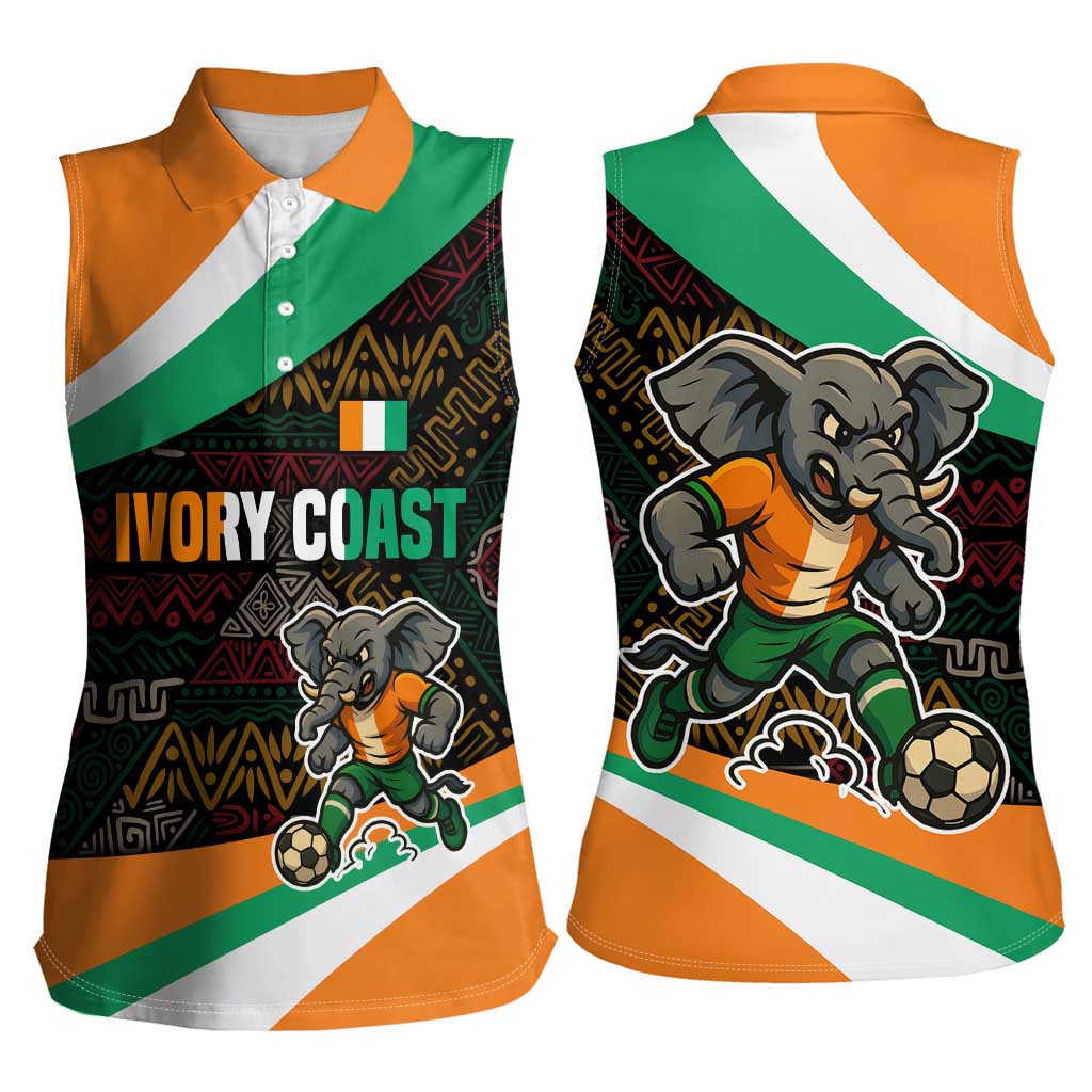 Ivory Coast Women Sleeveless Polo Shirt with Soccer Elephant and Tribal Pattern Design - Wonder Print Shop