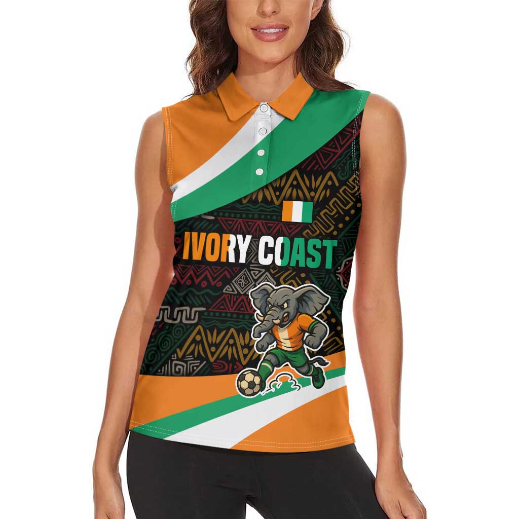 Ivory Coast Women Sleeveless Polo Shirt with Soccer Elephant and Tribal Pattern Design - Wonder Print Shop