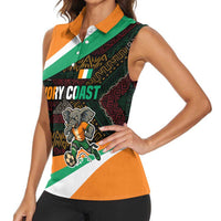 Ivory Coast Women Sleeveless Polo Shirt with Soccer Elephant and Tribal Pattern Design - Wonder Print Shop