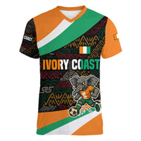 Ivory Coast Women V-Neck T-Shirt with Soccer Elephant and Tribal Pattern Design - Wonder Print Shop